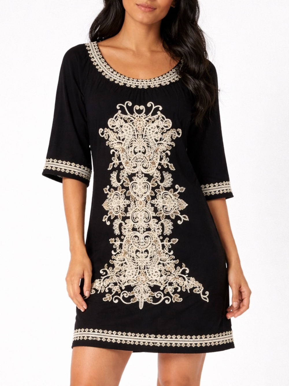 INC International Concepts Black Mini Dress with Cream Embroidered Detail